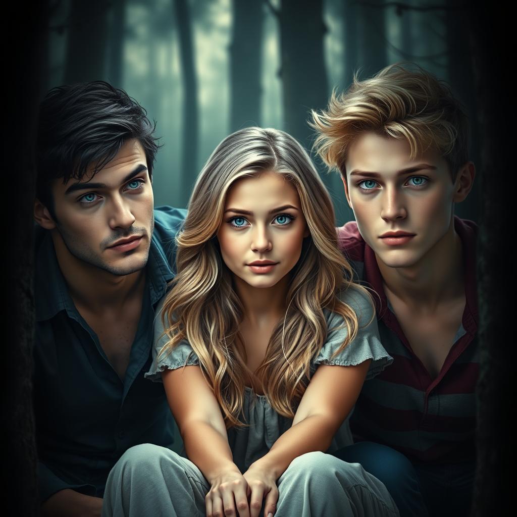 A vertical book cover image featuring a young woman seated in the center, with blonde hair and blue eyes