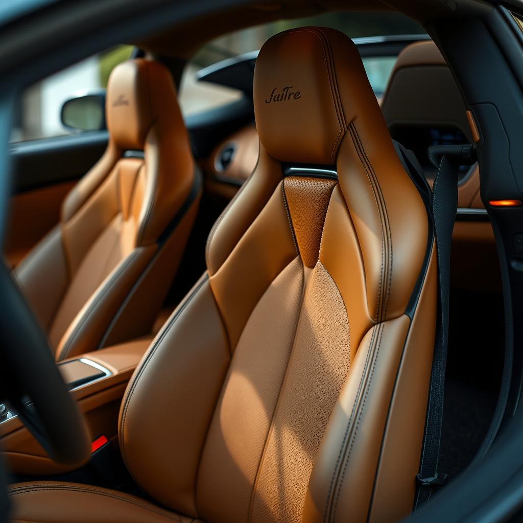 A luxurious car interior of a high-end sports car, emphasizing the plush details of the seats, specifically crafted for the Marbella edition