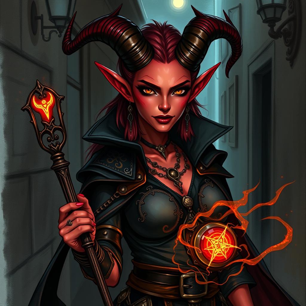 A female tiefling criminal warlock, featuring distinctly red skin, finely crafted horns curving gracefully from her forehead, and captivating eyes glowing with a mysterious aura