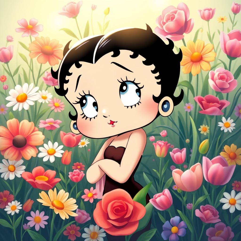 A whimsical, stylized illustration of Betty Boop surrounded by a lush, vibrant bloom of flowers