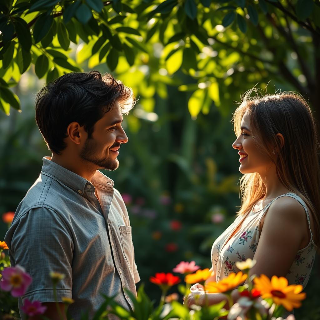 The concept of personal boundaries and respect in relationships, represented by a serene scene where two individuals, one male and one female, maintain an appropriate distance while engaging in deep conversation in a peaceful garden