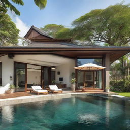 A one-story, terraced Balinese villa set on a 100m2 plot. The dwelling, encompassing 60m2 on the first floor and 60m2 on the second, includes living rooms, bedrooms, and bathrooms on both levels. The upper floor hosts an infinity pool, a carport, and a balcony, with a serene rooftop relaxation spot.