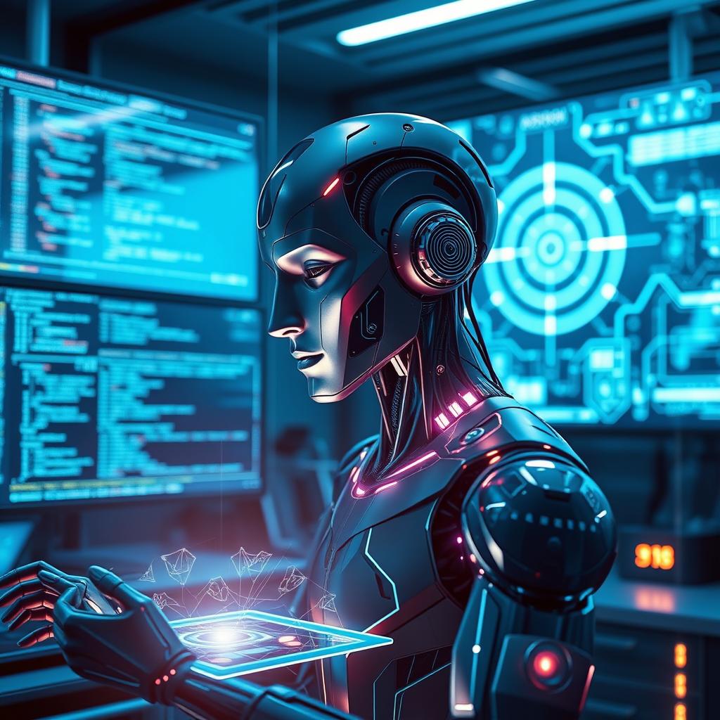 A futuristic scene showcasing an advanced artificial intelligence represented as a streamlined, metallic humanoid with glowing circuits, engaging with a digital holographic interface in a high-tech laboratory