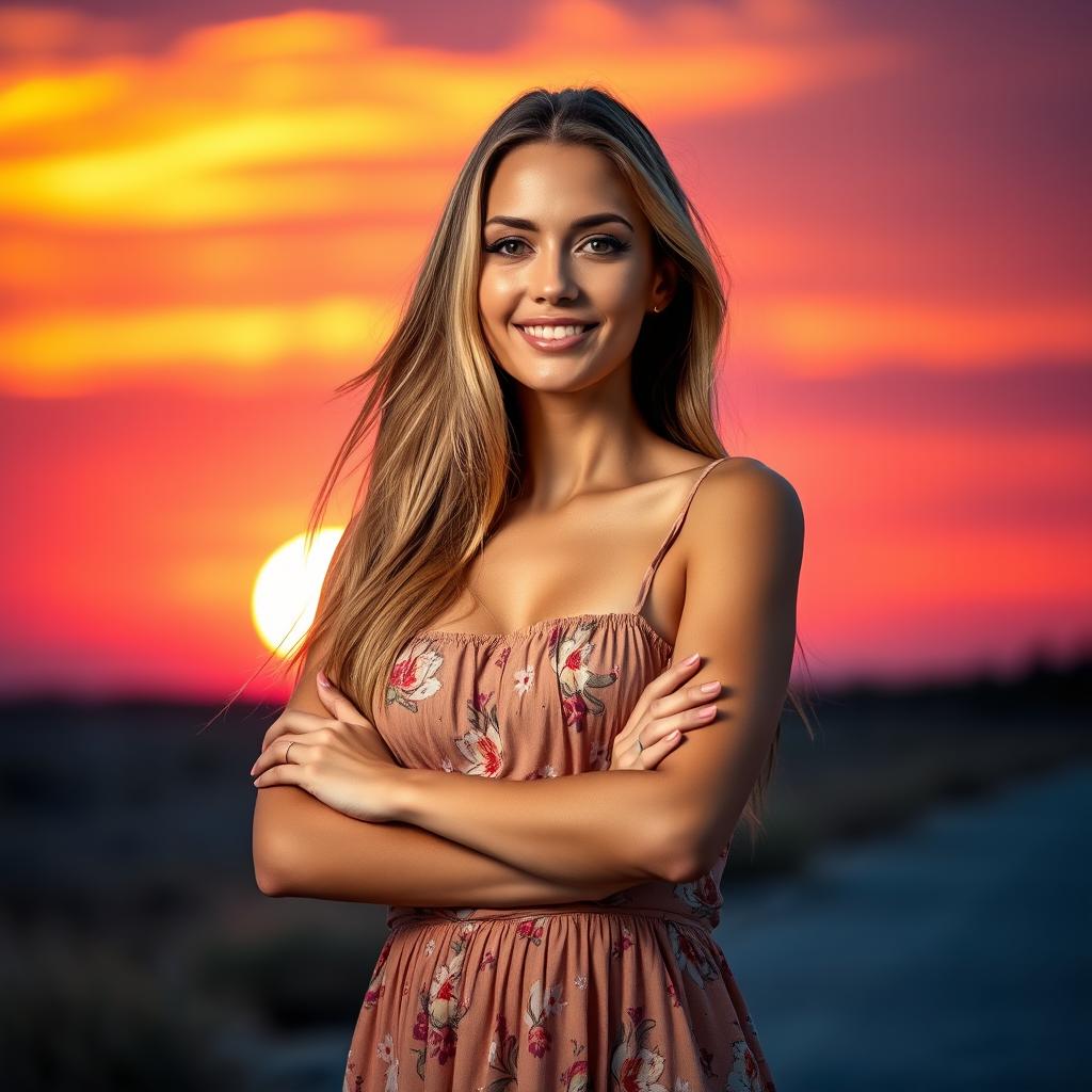 A striking portrait of a beautiful, confident woman standing against a vibrant sunset backdrop