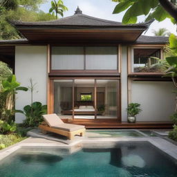 A one-story, terraced Balinese villa set on a 100m2 plot. The dwelling, encompassing 60m2 on the first floor and 60m2 on the second, includes living rooms, bedrooms, and bathrooms on both levels. The upper floor hosts an infinity pool, a carport, and a balcony, with a serene rooftop relaxation spot.