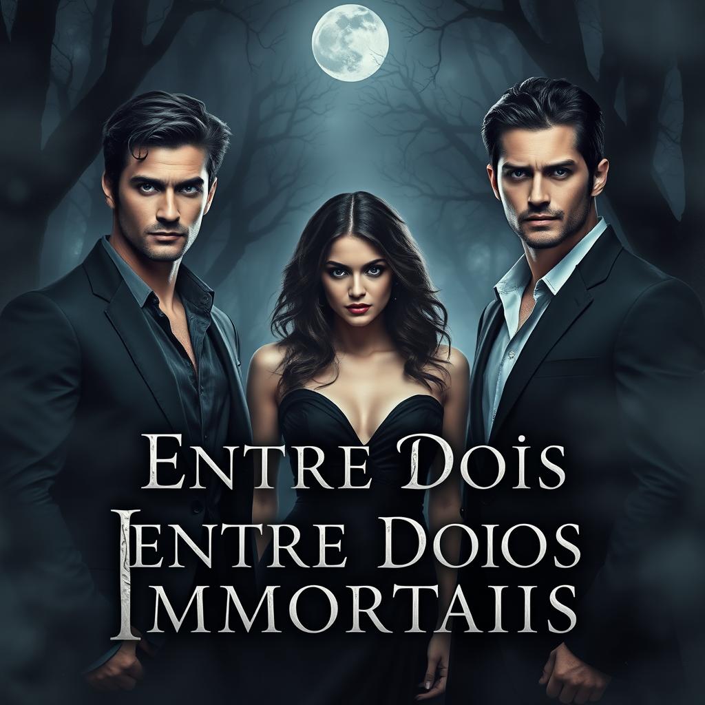 A dark romance book cover titled 'Entre Dois Imortais' featuring two strikingly handsome immortal men standing on either side of a beautiful, mysterious woman in the center