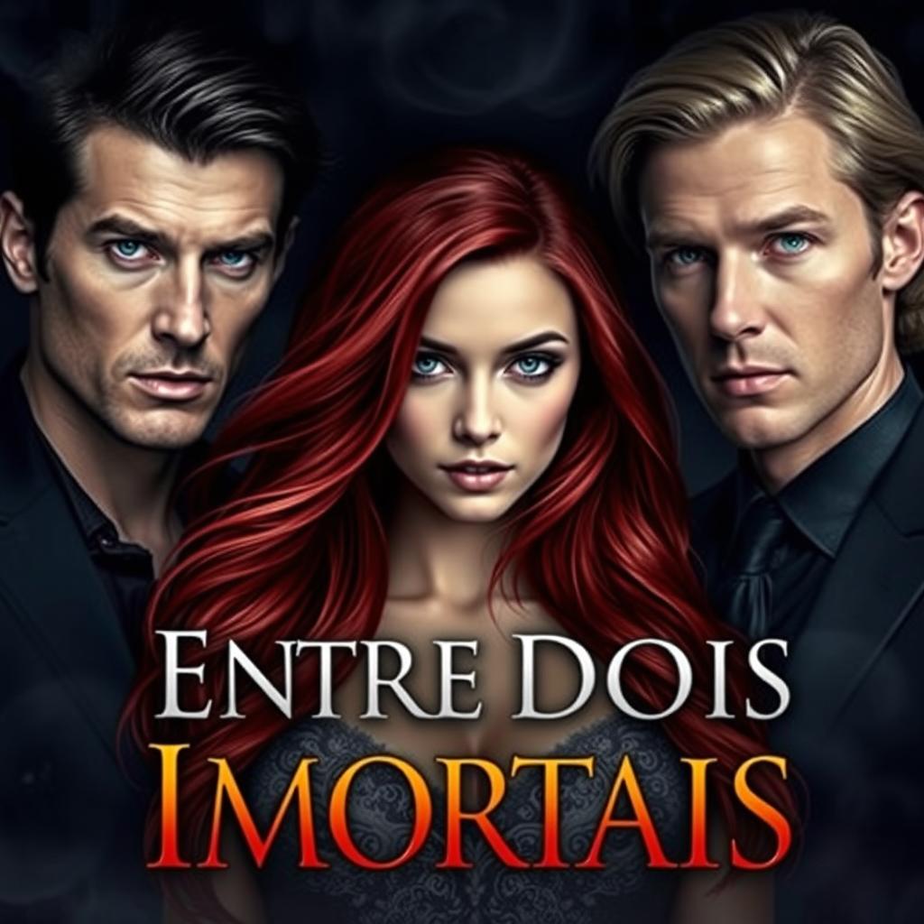 A dark romance book cover for "Entre Dois Imortais" featuring two men on either side and a woman in the center