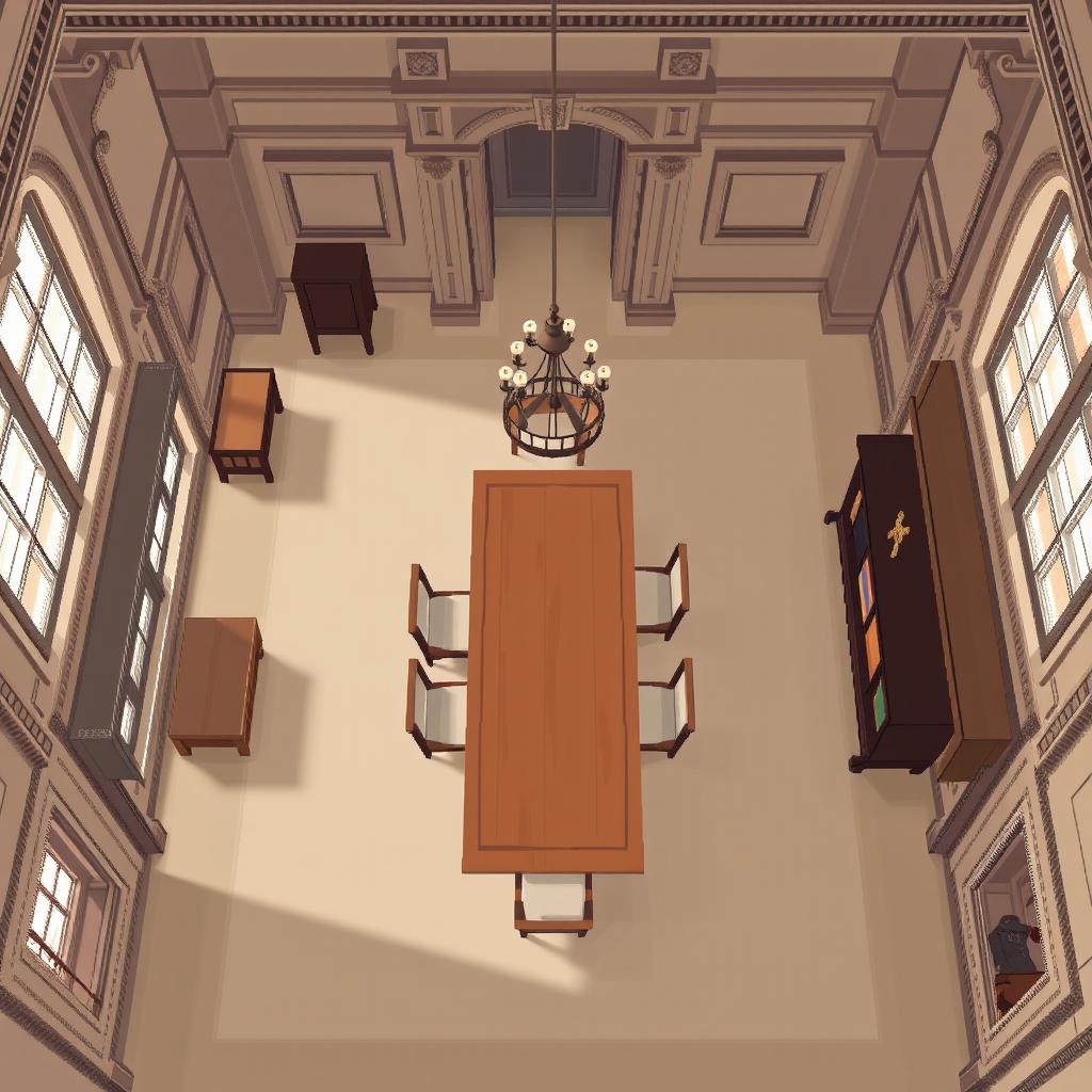 An overhead view of a grand dining room in an ancient mansion, showcasing a spacious, elegantly designed wooden dining table at the center, surrounded by simple yet classy chairs