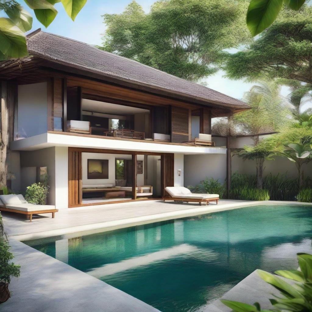 A one-story, terraced Balinese villa set on a 100m2 plot. The dwelling, encompassing 60m2 on the first floor and 60m2 on the second, includes living rooms, bedrooms, and bathrooms on both levels. The upper floor hosts an infinity pool, a carport, and a balcony, with a serene rooftop relaxation spot.