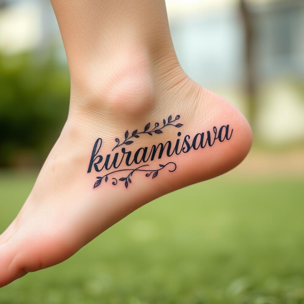 A stylish tattoo design featuring the nickname "kuramisava" artistically inked on a person's leg