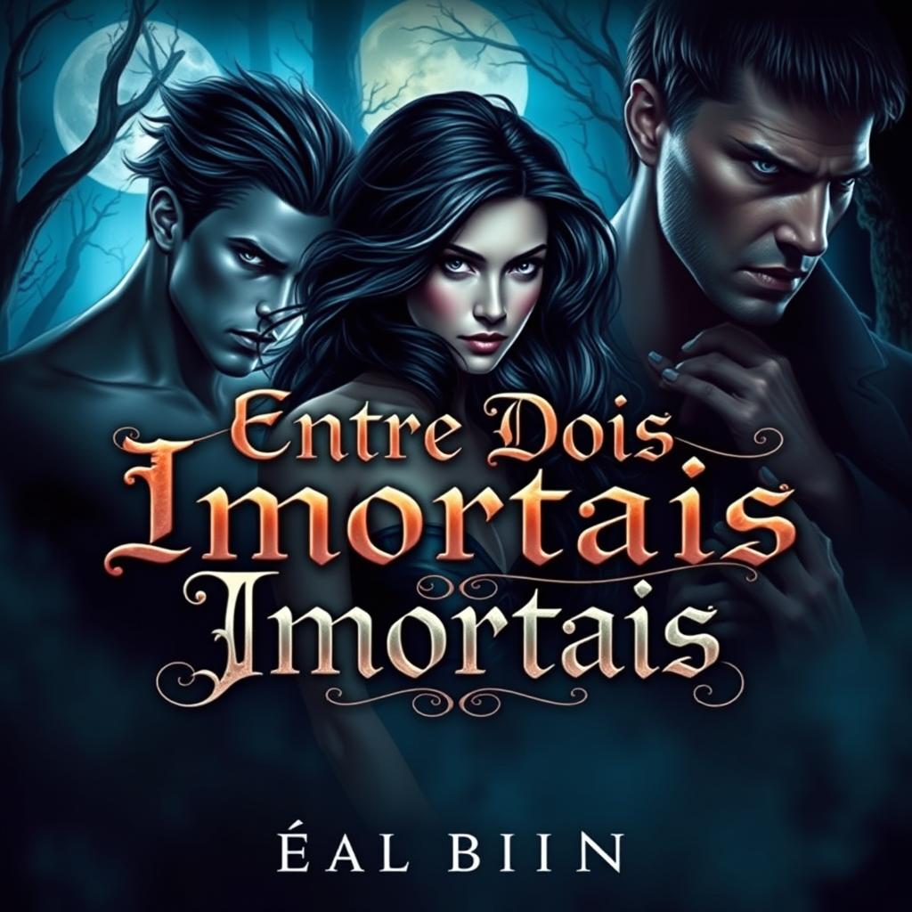 A captivating dark romance book cover featuring a love triangle, illustrating a dramatic scene with three characters: a strong, enigmatic male immortal with dark hair and piercing eyes, a beautiful but mysterious female immortal with flowing dark hair and an alluring aura, and a brooding, intense rival with a rugged look, his gaze filled with desire