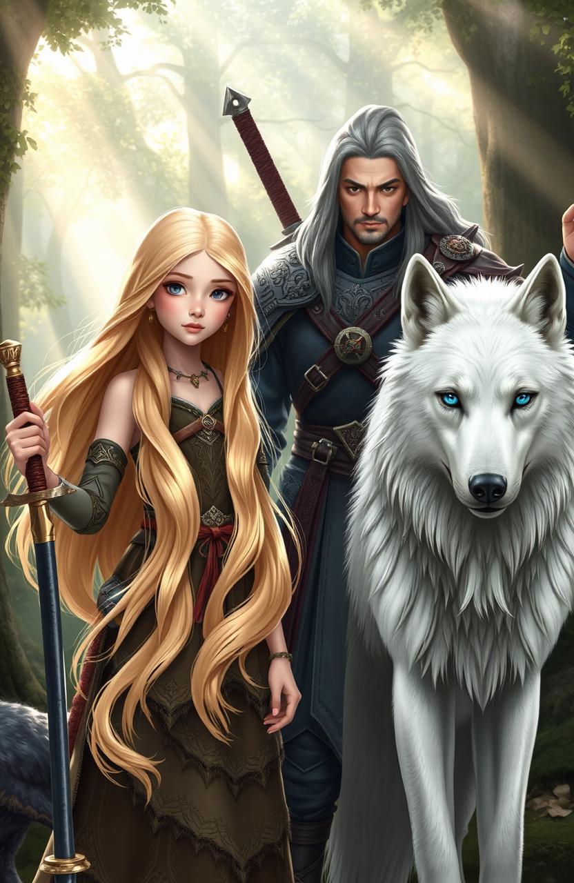 A beautiful blonde girl standing next to a majestic white wolf, alongside an Asian warrior with long hair, wielding a sword