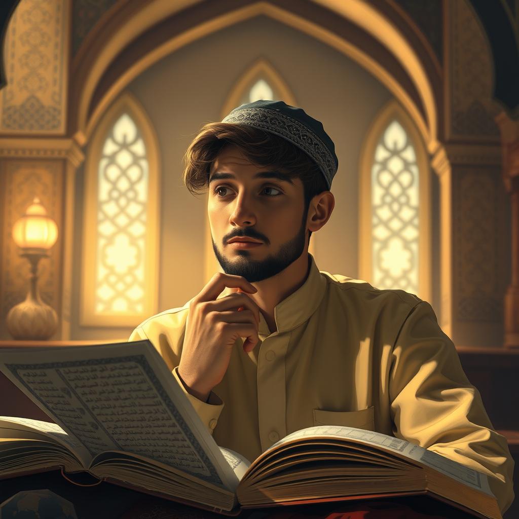 A depiction of a thoughtful individual studying Islamic ethics and character development, surrounded by traditional texts and a warm, inviting atmosphere