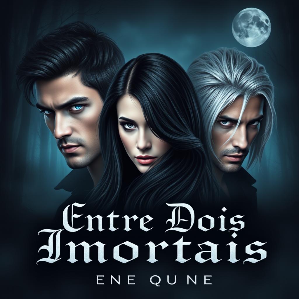 A book cover for a dark romance novel titled "Entre Dois Imortais" featuring a love triangle
