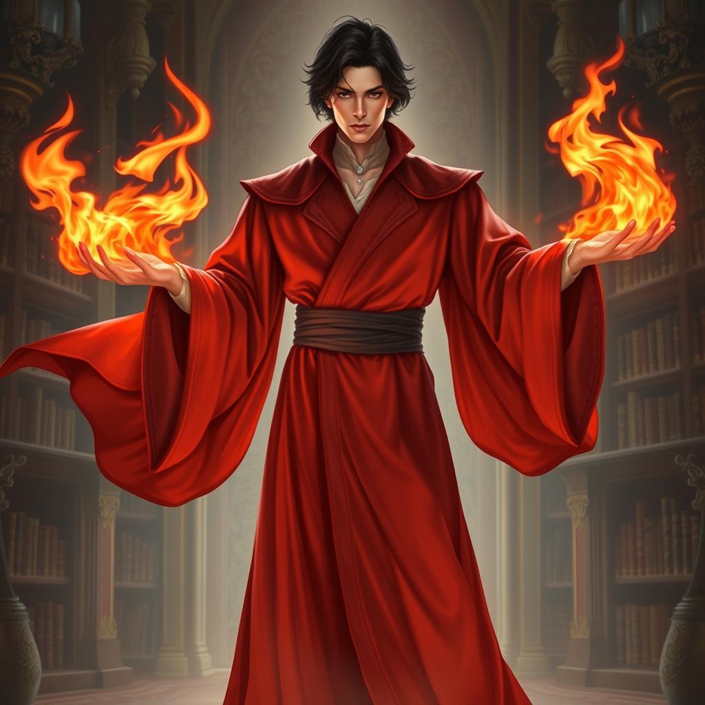 A dark-haired aristocrat in a flowing red robe, exuding an aura of power and confidence, masterfully wielding fire magic