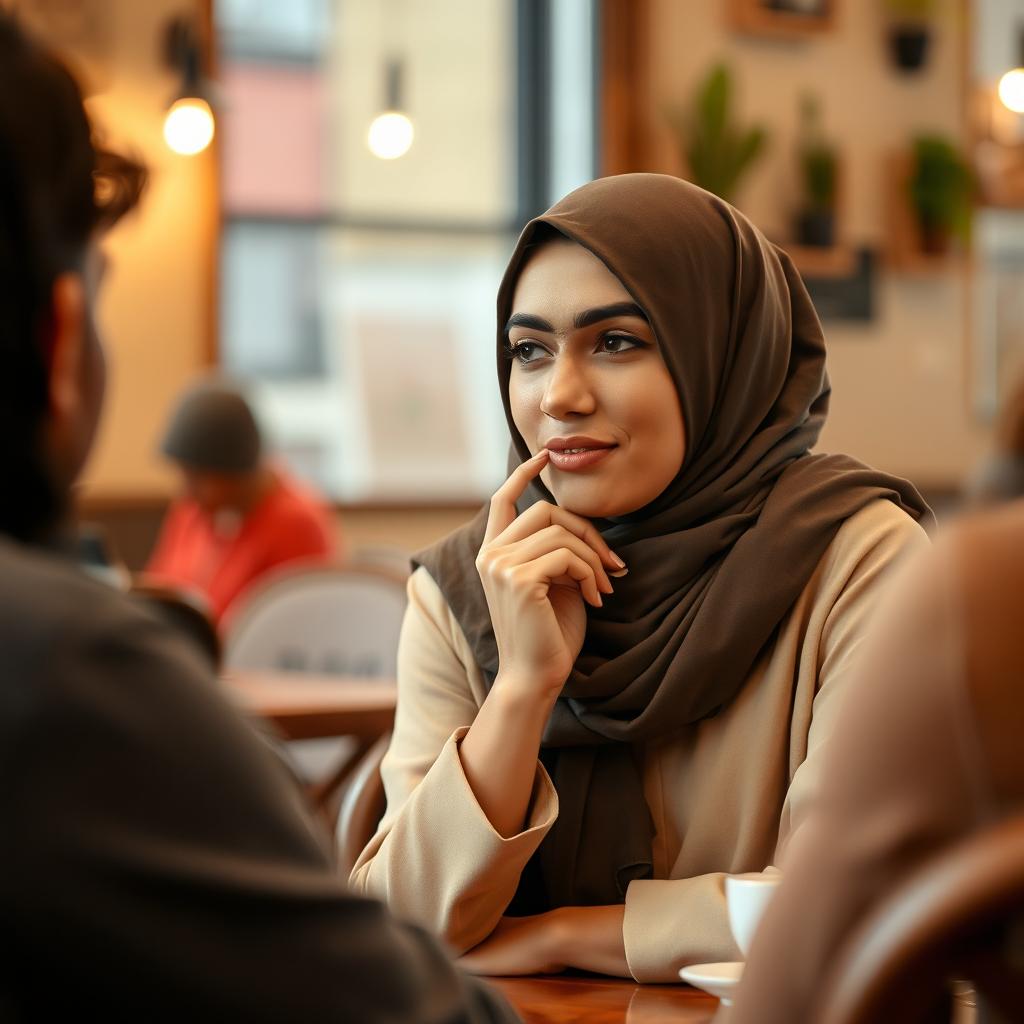 A thoughtful woman engaging in a conversation, showcasing her ability to classify information and communicate effectively