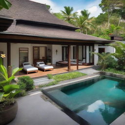 A terraced, one-story Balinese villa on a 100m2 plot with a 60m2 first floor featuring a living room, bedroom, and bathroom. The equally-sized second floor contains an infinity pool, a carport, and a balcony, culminating in a soothing rooftop relaxation spot.