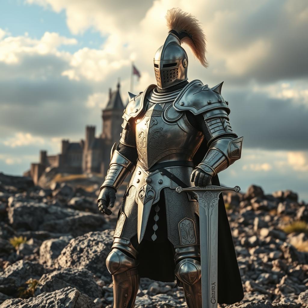 A valiant knight clad in full metal armor, featuring intricate patterns and shining details, standing proudly on a rocky landscape