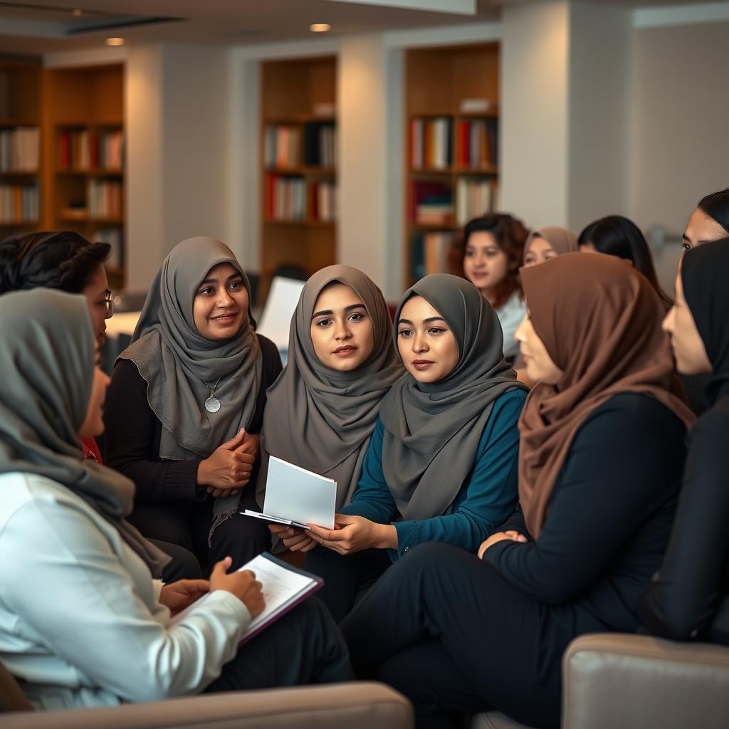 A diverse group of individuals, including several thoughtfully dressed women wearing elegant hijabs, engaged in a lively discussion