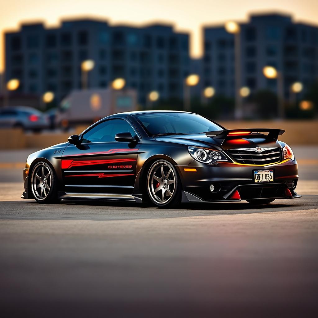 A visually stunning and detailed portrayal of a modified 2007 Chrysler Sebring, showcasing a sleek, sporty design with an aggressive stance