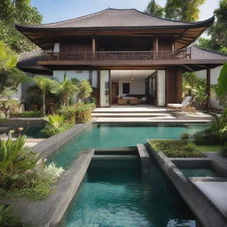 A terraced, one-story Balinese villa on a 100m2 plot with a 60m2 first floor featuring a living room, bedroom, and bathroom. The equally-sized second floor contains an infinity pool, a carport, and a balcony, culminating in a soothing rooftop relaxation spot.