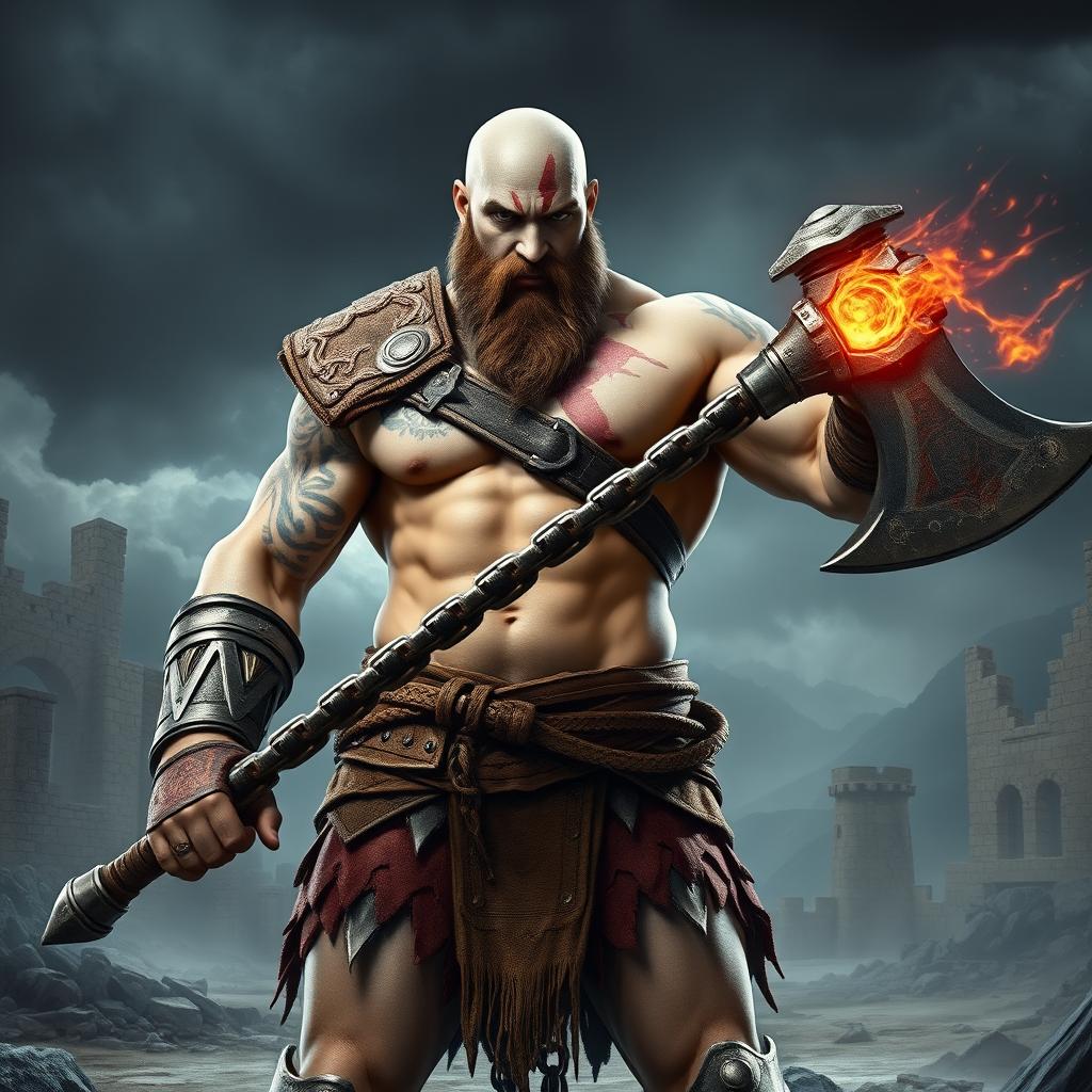 A powerful and muscular warrior resembling Kratos from God of War, with an imposing presence