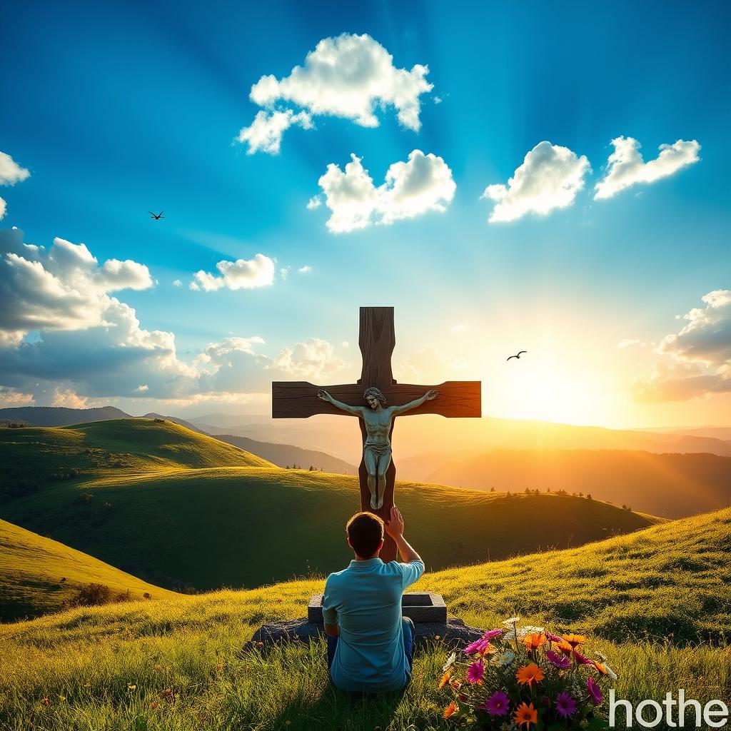 A serene landscape featuring a person praying before a large, beautifully crafted wooden cross representing Jesus