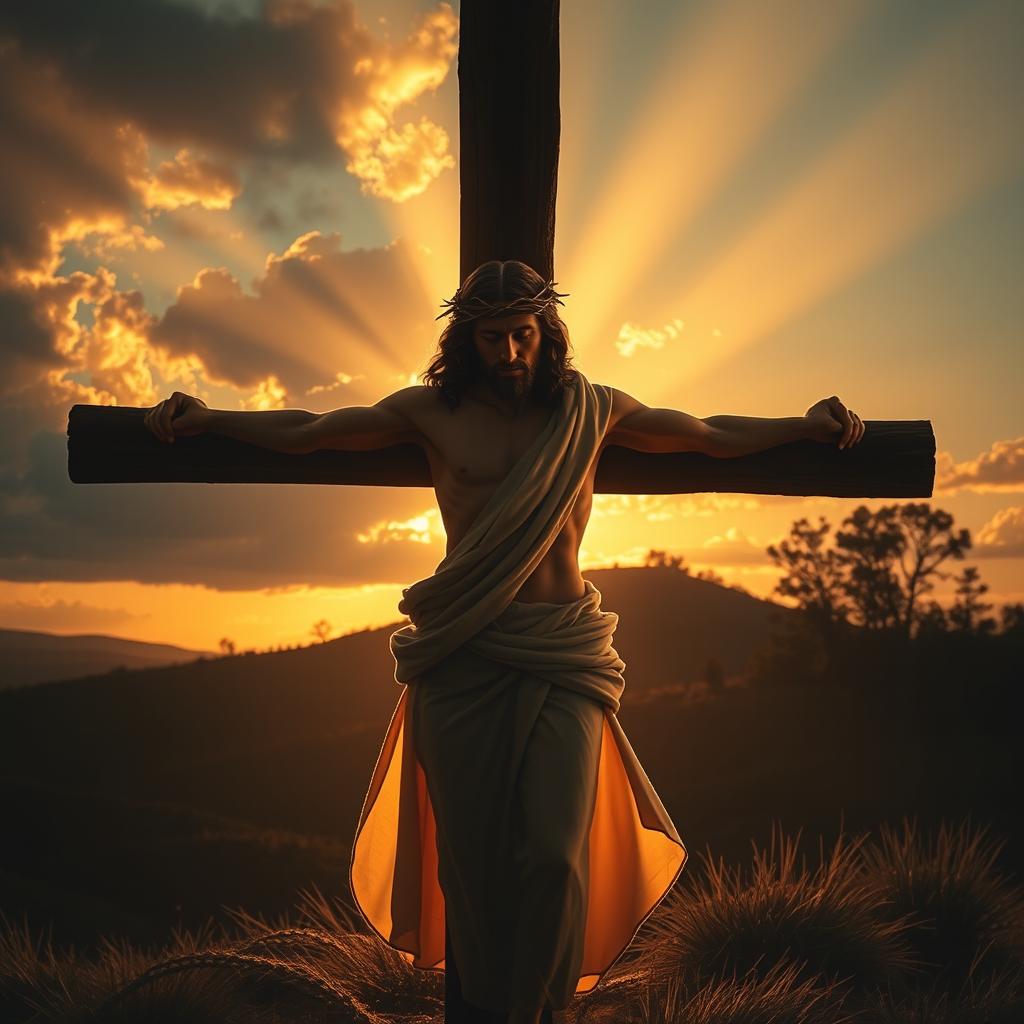 An artistic interpretation of Jesus on the cross, surrounded by a serene landscape at sunset