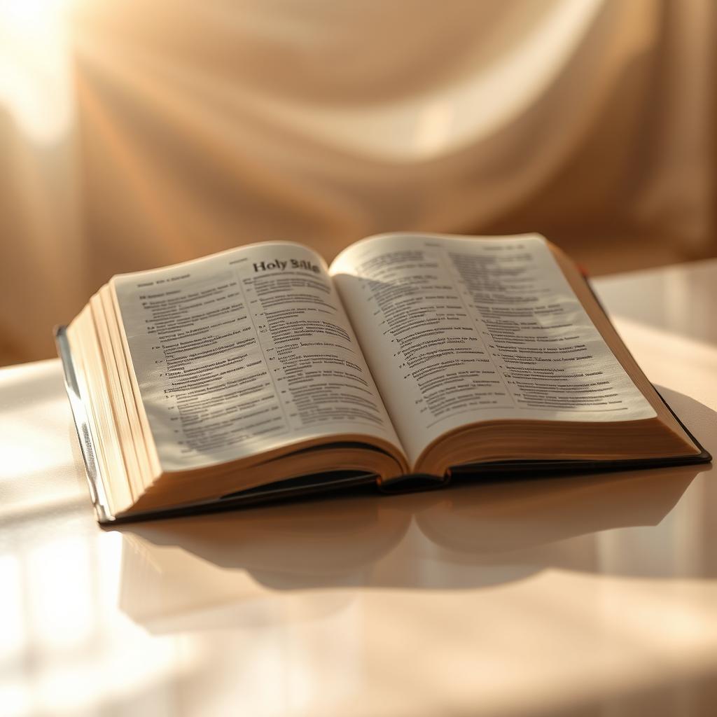 An open Holy Bible resting on a shiny, reflective surface that adds a beautiful glow to the scene