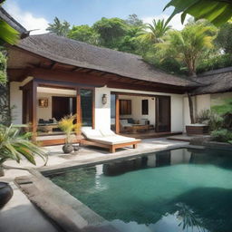 A terraced, one-story Balinese villa on a 100m2 plot with a 60m2 first floor featuring a living room, bedroom, and bathroom. The equally-sized second floor contains an infinity pool, a carport, and a balcony, culminating in a soothing rooftop relaxation spot.