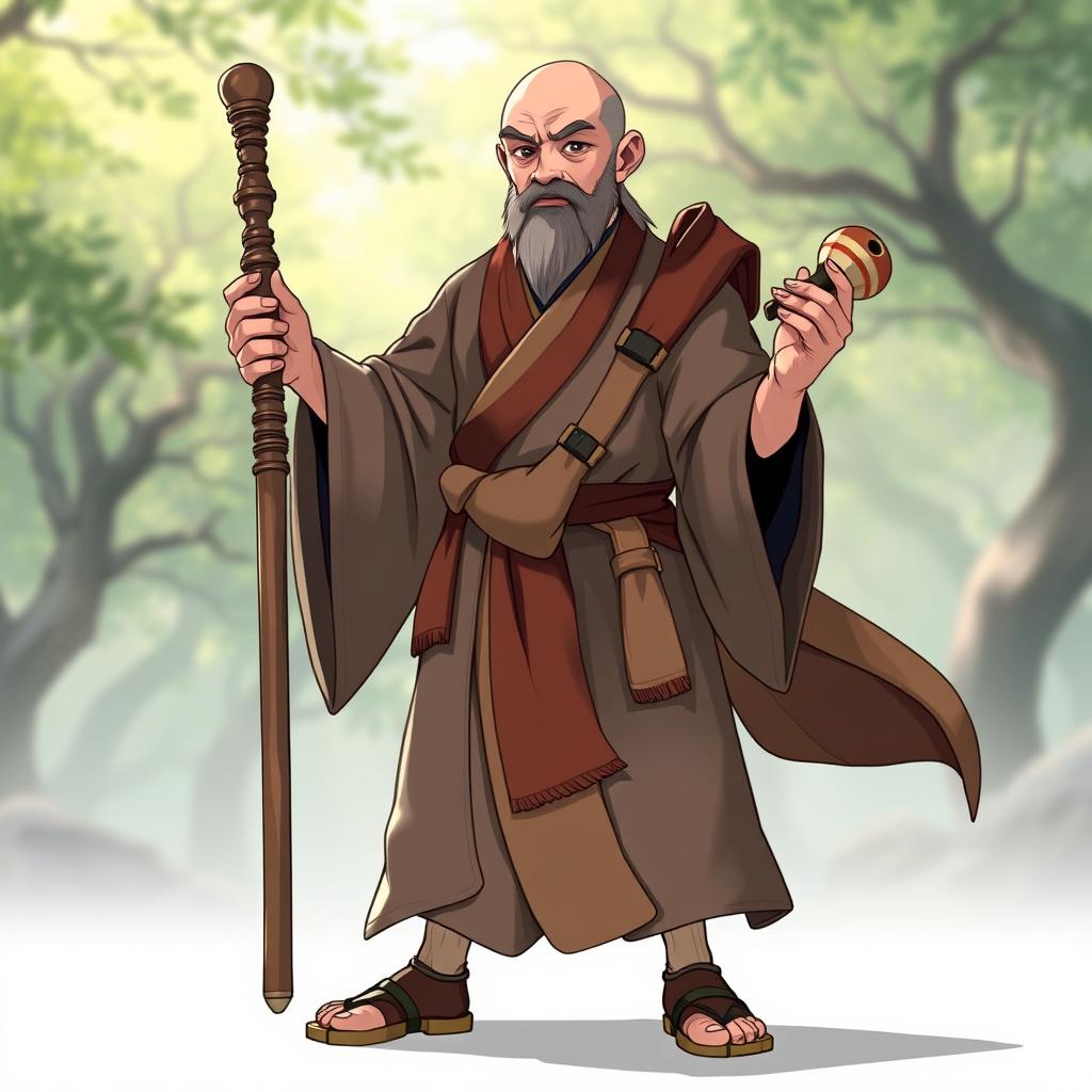 A character design of a monk named Renshu, portrayed as a bald man weighing 55 kg with brown eyes and fair skin
