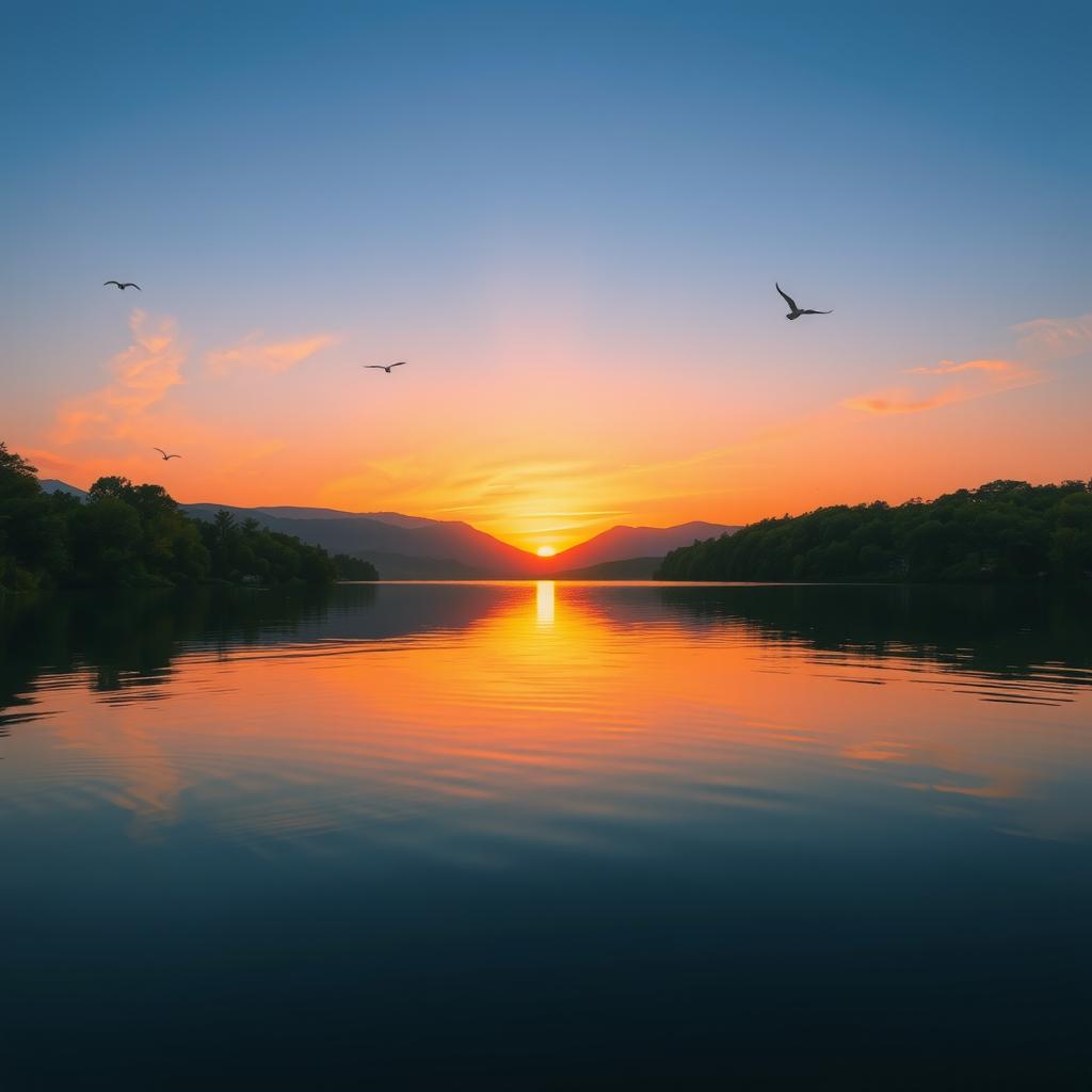 A professionally enhanced and clear image of a serene landscape featuring a beautiful sunset over a calm lake