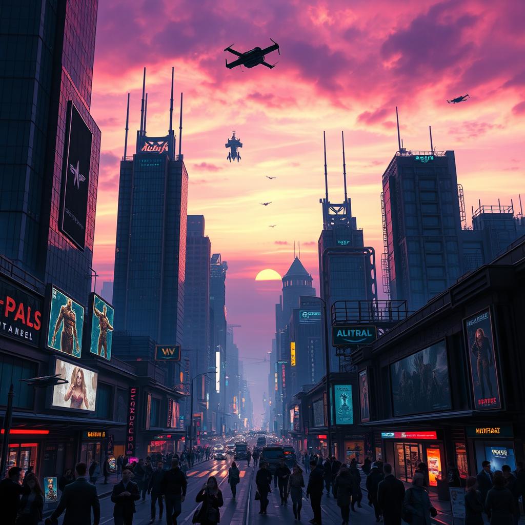 A dramatic scene of a futuristic cityscape at twilight, showcasing towering skyscrapers with neon signs, flying cars darting through the air, and bustling streets filled with people in stylish cyberpunk attire