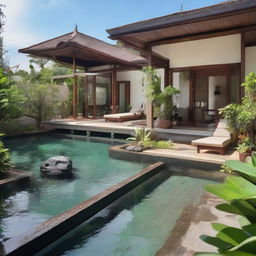 A terraced, one-story Balinese villa on a 100m2 plot with a 60m2 first floor featuring a living room, bedroom, and bathroom. The equally-sized second floor contains an infinity pool, a carport, and a balcony, culminating in a soothing rooftop relaxation spot.