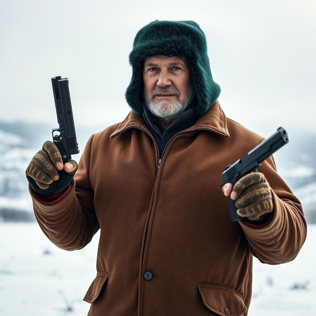 An athletic elderly man standing confidently, wearing a brown coat that is zipped up, showcasing his fit physique