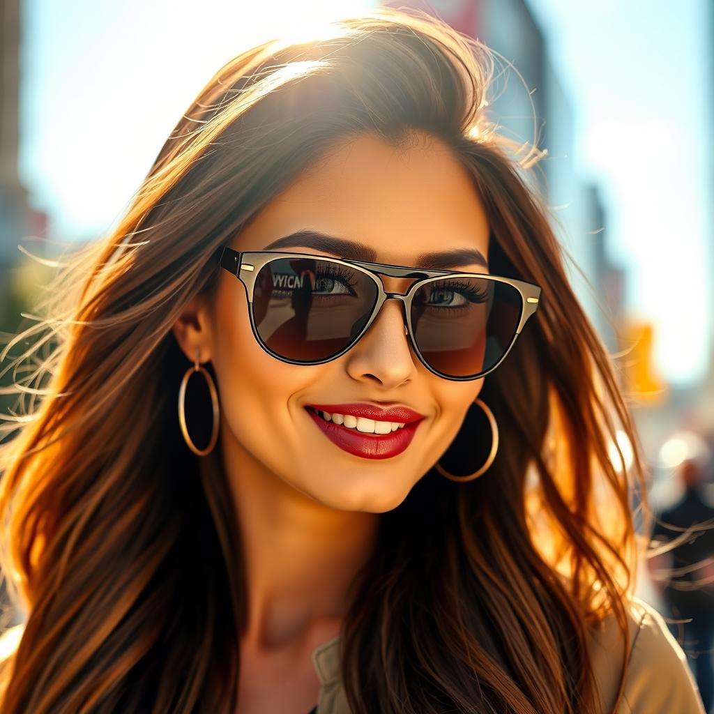 A stylish woman wearing sleek sunglasses, exuding confidence and charm