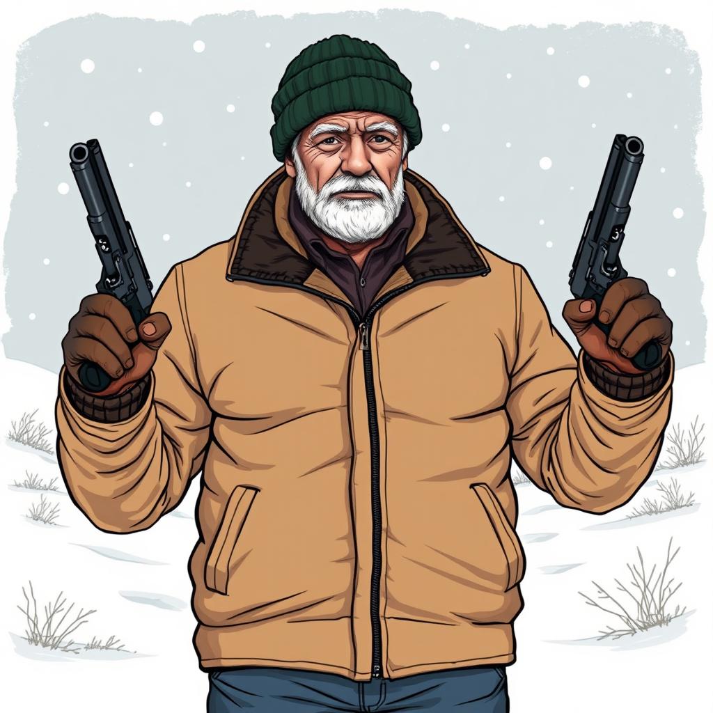 A hand-drawn style illustration of an athletic elderly man standing proudly, wearing a brown coat that is zipped up, accentuating his fit frame