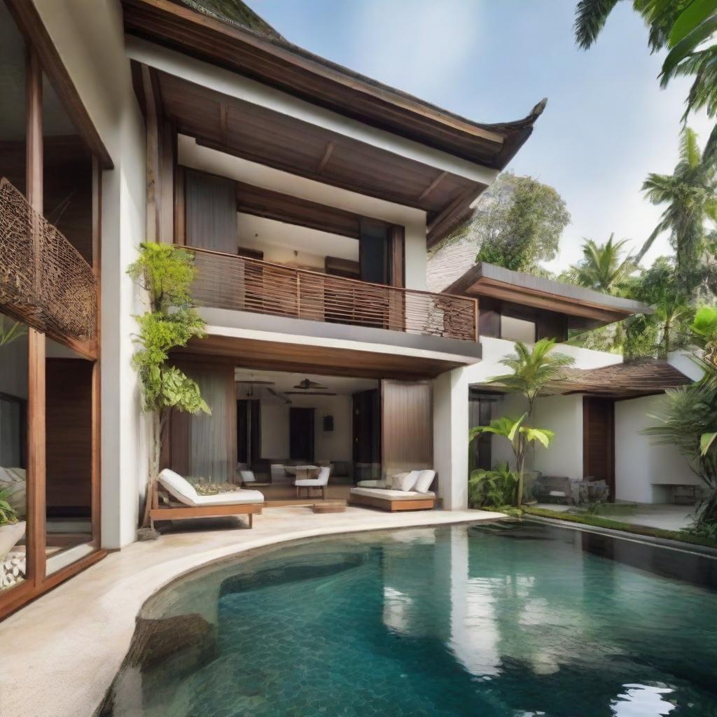 A two-story Balinese villa with terraced contours. Each floor houses a living room, a bedroom, and a bathroom. The second floor is enhanced with an infinity pool, a carport, a balcony, and leads to a serene place for relaxation on the rooftop.