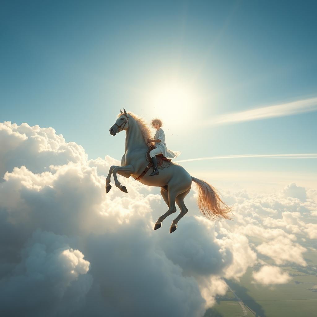 A dandelion riding on a majestic horse soaring through a bright blue sky, fluffy white clouds surrounding them, sunlight casting a warm glow, creating a whimsical and dreamlike atmosphere