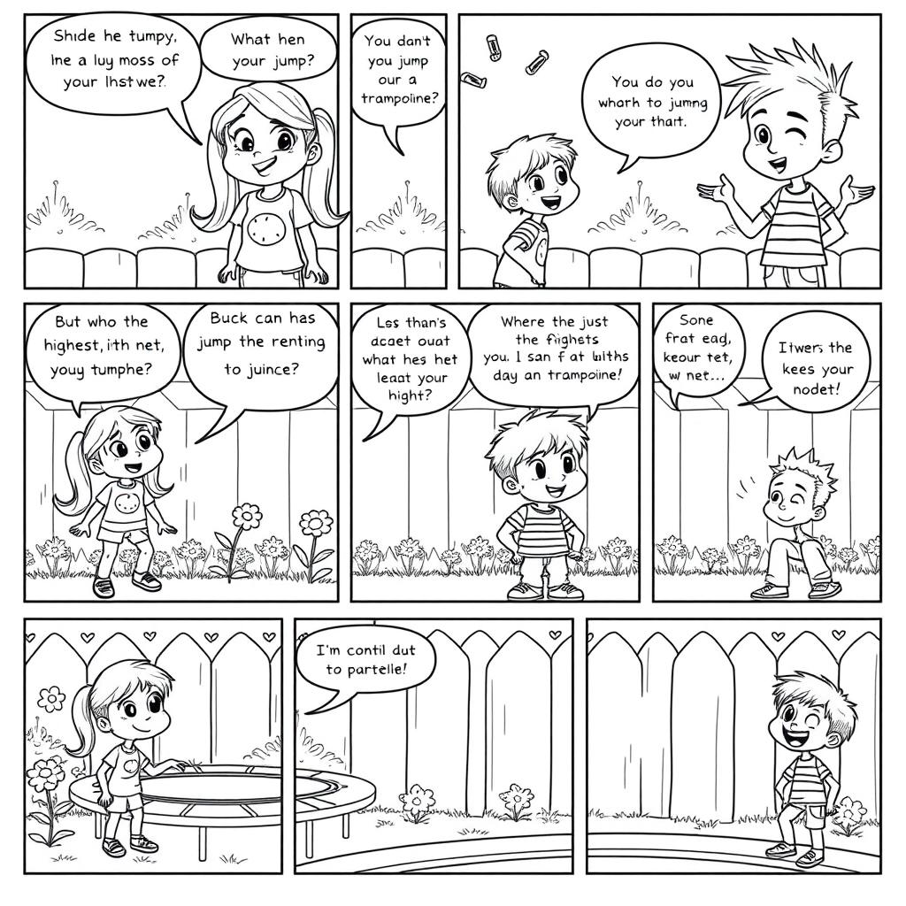 A black and white cartoon strip for coloring featuring a dialogue between twelve-year-old twins, a brother and sister