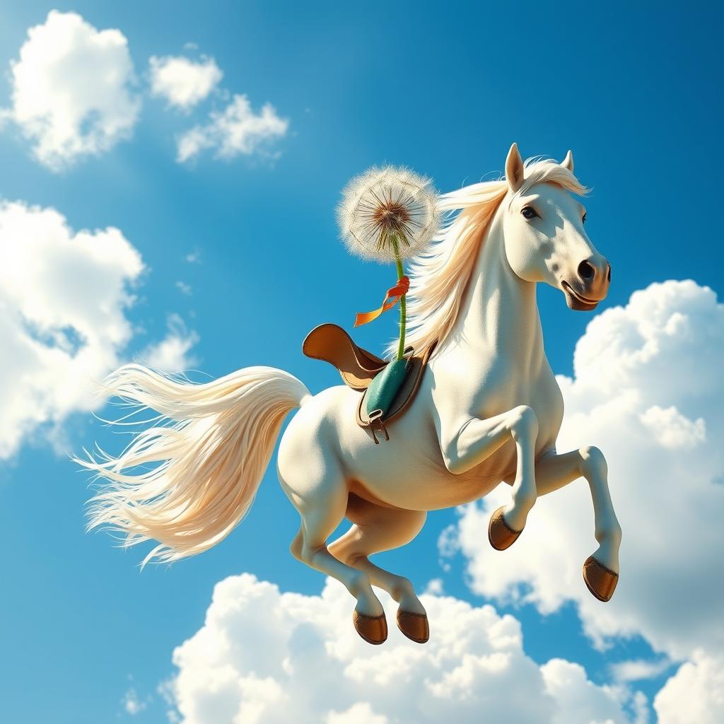 A whimsical scene featuring a dandelion seed riding on a majestic horse soaring through a clear blue sky, surrounded by fluffy white clouds