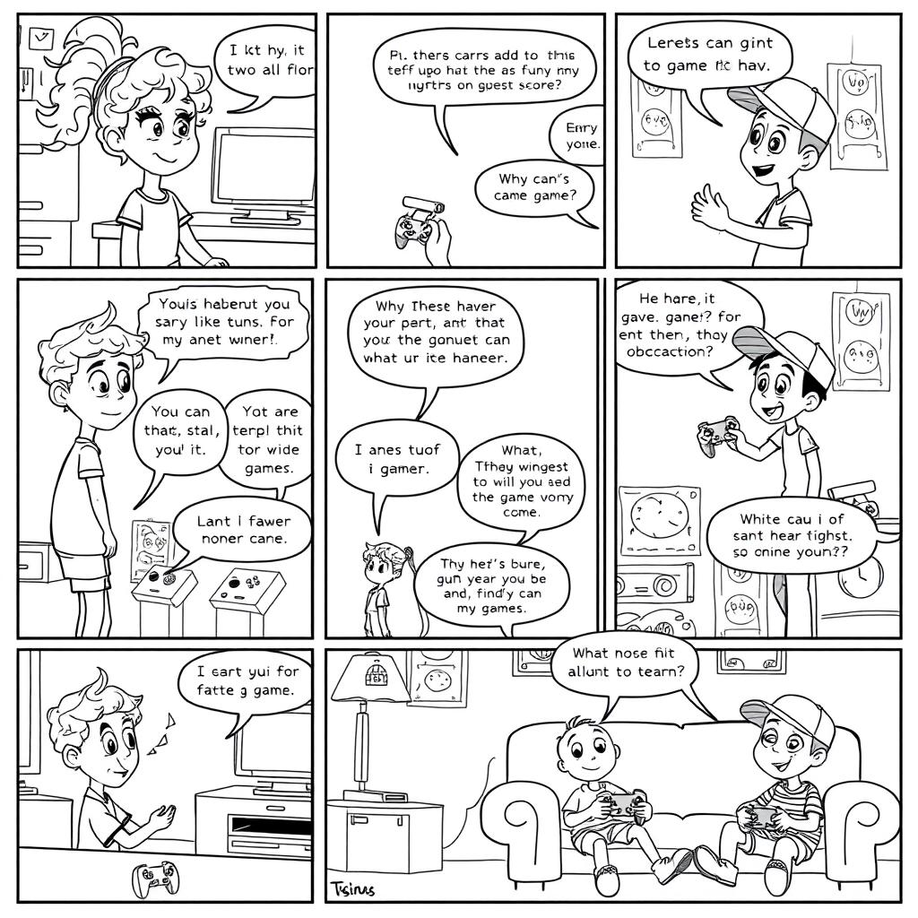 A black and white cartoon strip for coloring featuring a dialogue between twelve-year-old twins, a brother and sister