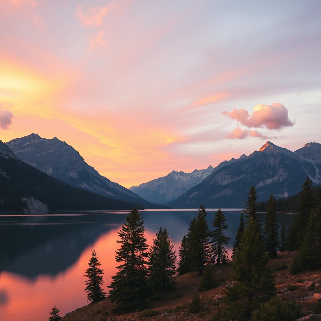 A beautifully expansive landscape photograph featuring a serene lake at sunset, surrounded by majestic mountains
