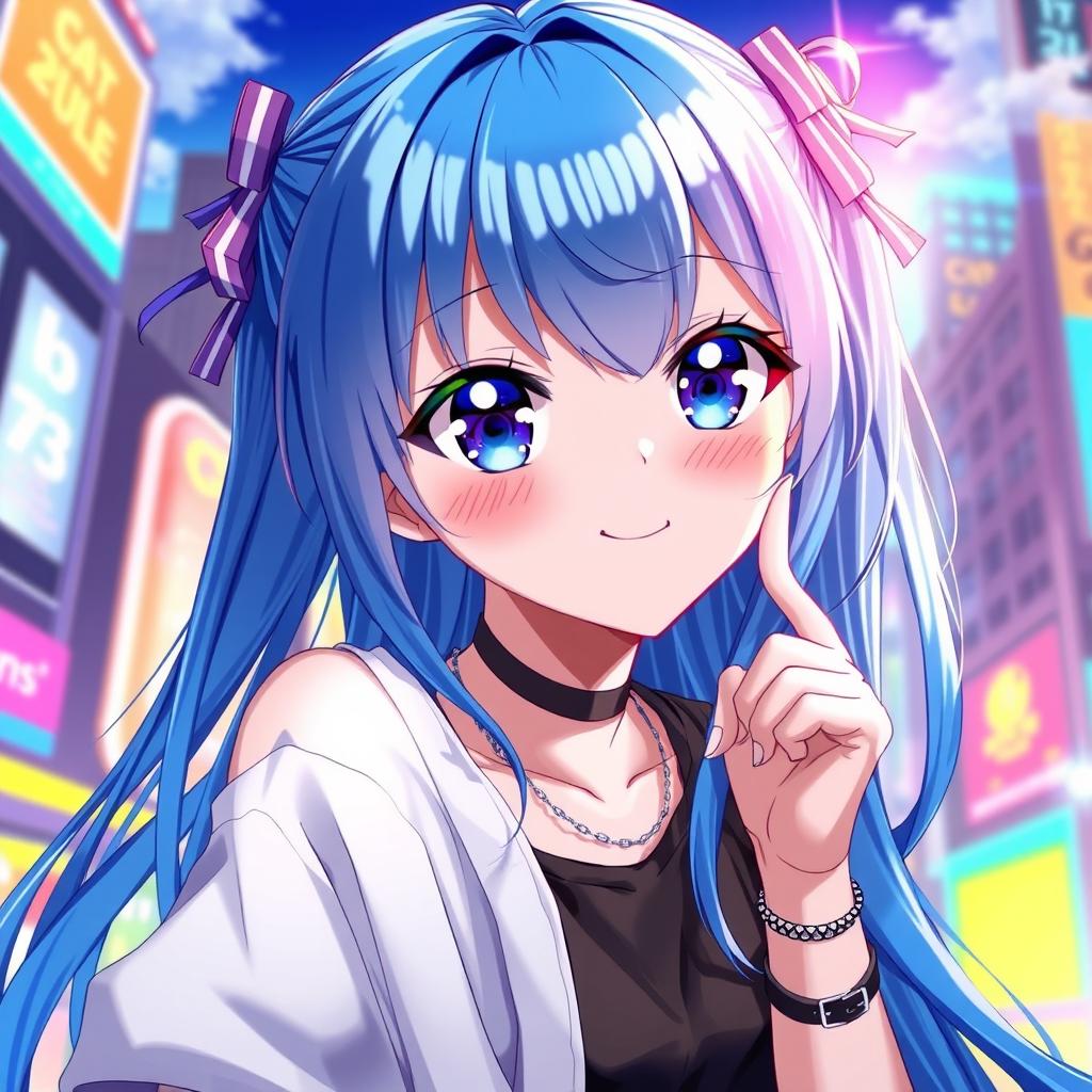 A striking digital artwork of a blue-haired anime girl, featuring large expressive eyes and a playful smile