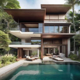 A two-story Balinese villa with terraced contours. Each floor houses a living room, a bedroom, and a bathroom. The second floor is enhanced with an infinity pool, a carport, a balcony, and leads to a serene place for relaxation on the rooftop.