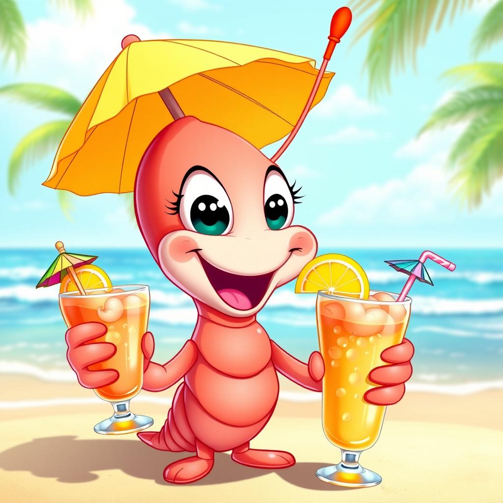 A lively animated shrimp character happily holding two shrimp cocktails, with vibrant colors and a playful expression