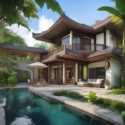 A two-story Balinese villa with terraced contours. Each floor houses a living room, a bedroom, and a bathroom. The second floor is enhanced with an infinity pool, a carport, a balcony, and leads to a serene place for relaxation on the rooftop.