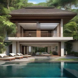 A two-story Balinese villa with terraced contours. Each floor houses a living room, a bedroom, and a bathroom. The second floor is enhanced with an infinity pool, a carport, a balcony, and leads to a serene place for relaxation on the rooftop.