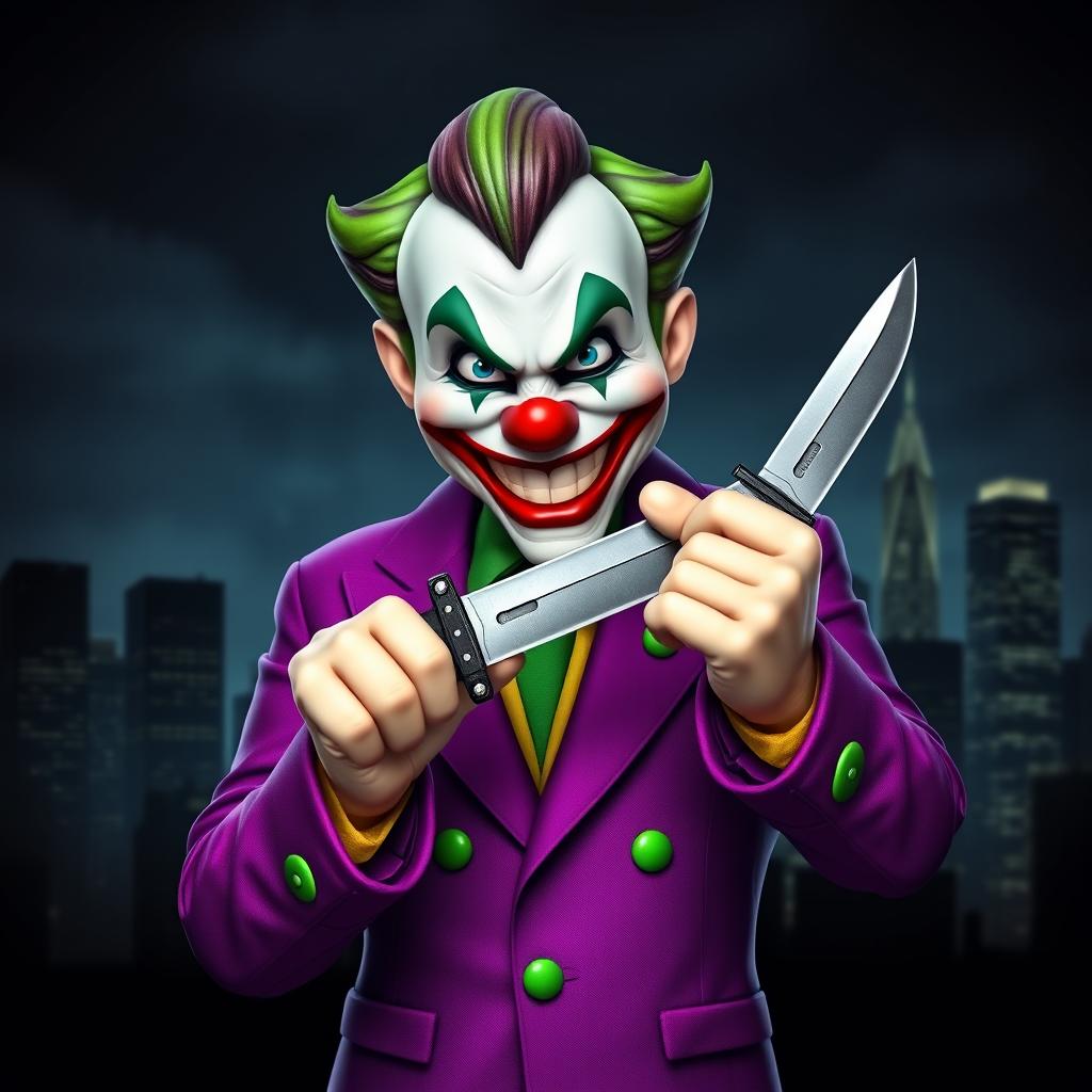 A whimsical and dark reinterpretation of the clown emoji transformed into a sinister joker character from Batman