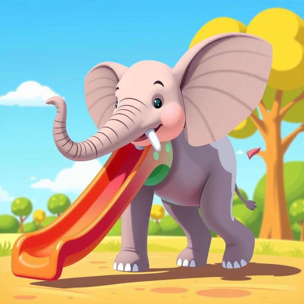 An imaginative illustration of an elephant with a head resembling an elephant's head, seamlessly transitioning into a body shaped like a colorful slide